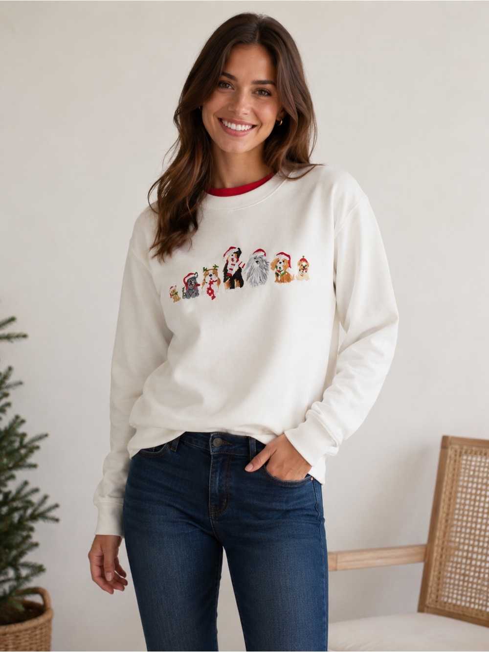 Cracker Barrel Ivory Layered Dog Embroidered Mockneck Holiday Festive Grandma